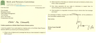 Pension Life image showing a letter from Frank Field's letter to Clive Howells of Celtic Wealth Management