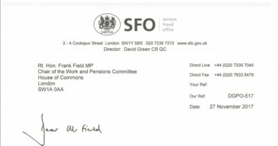 A letter from the SFO to Frank field highlighting pension scam prosecutions. Pension Life Blog 