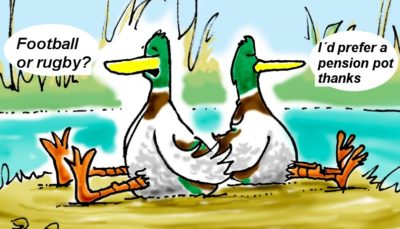 Pension Life Blog - Celtic Wealth Management BRIBED British Steel Workers - Sitting ducks talking, left duck says "football or rugby?" right duck says, "I´d rather have a pension pot." 