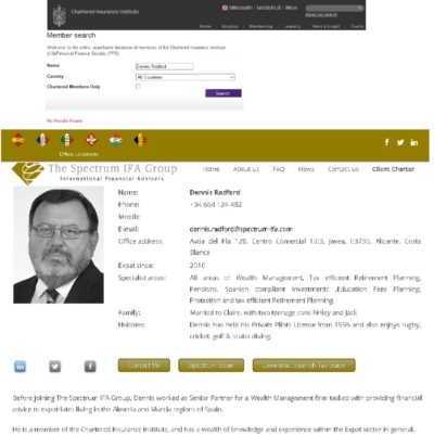 Dennis Radford, former CWM scammer, now provides investment advice illegally with Spectrum IFA Group - flogging insurance bonds illegally and lying about his Chartered Institute of Insurance membership.