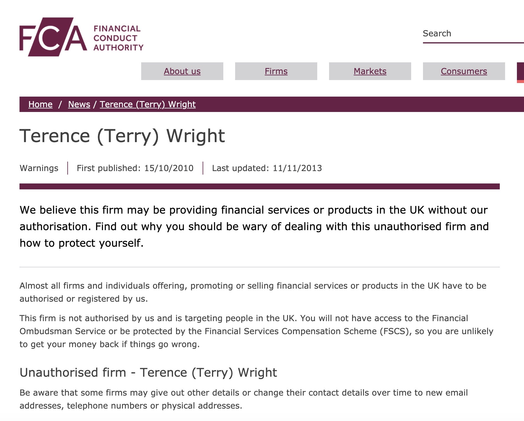 FCA warning against Terence Wright of CLP - ignored by Christine Hallett of Carey Pensions