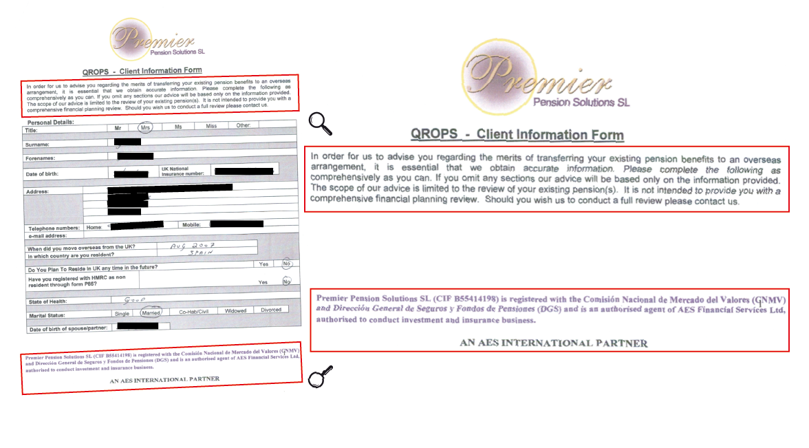 Premier Pension Solutions form sent to client to retrieve details