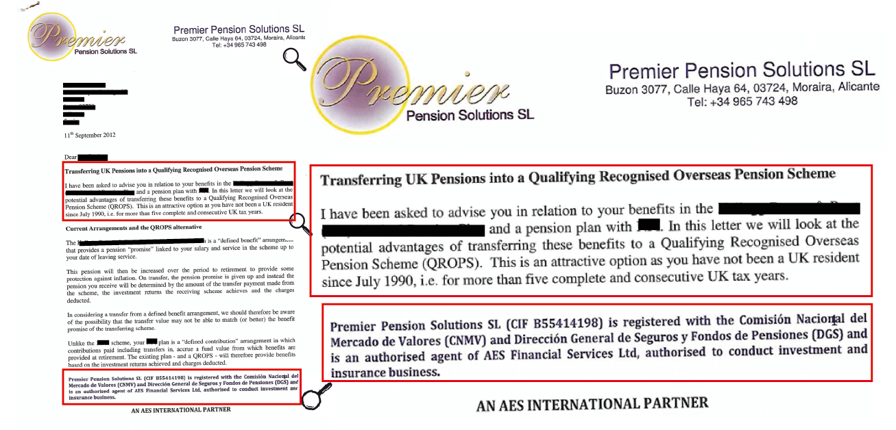 Premier Pension Solutions letter to victim about transferring pension to QROPS