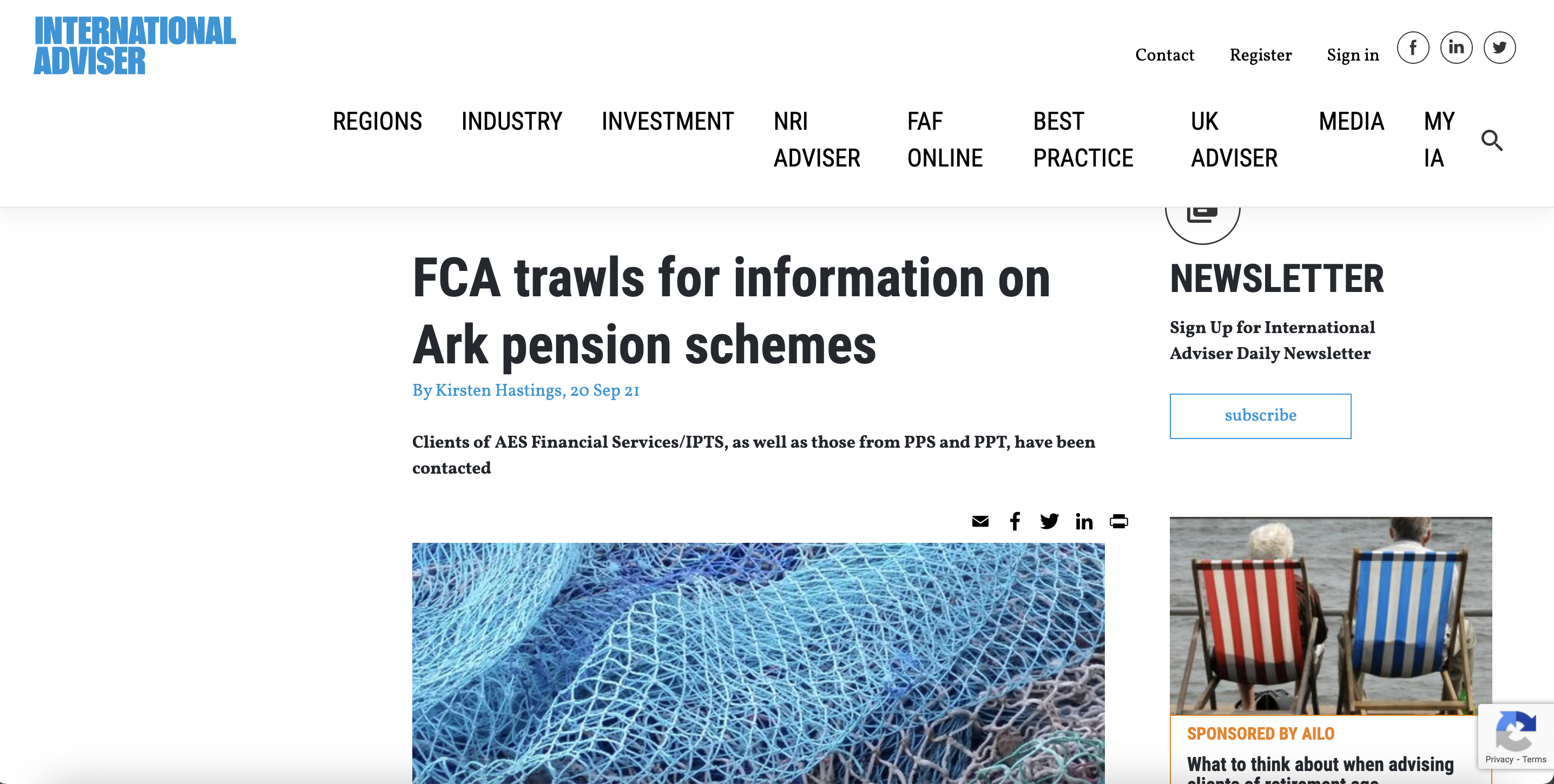 Screenshot of International Adviser's article on FCA's questionnaire for Ark victims